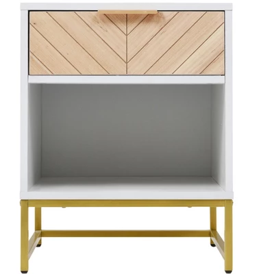 Nightstand With USB Charging Ports, End Table With 1 Drawer And Metal Legs, White+Natural Finish-ModernLuxe 3 Nightstand With USB Charging Ports, End Table With 1 Drawer And Metal Legs, White+Natural Finish-ModernLuxe - Image 3