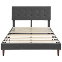 BIKAHOM Upholstered Platform Bed With Square Stitch Headboard, Dark Grey