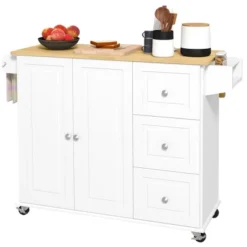 HOMCOM Kitchen Island With Drop Leaf, Rolling Kitchen Cart On Wheels With 3 Drawers, Cabinet, Natural Wood Top, Spice Rack And Towel Rack, White 7 HOMCOM Kitchen Island With Drop Leaf, Rolling Kitchen Cart On Wheels With 3 Drawers, Cabinet, Natural Wood Top, Spice Rack And Towel Rack, White -Baxton Studio Sale Shop GUEST ded0e503 0144 4f5f 8e54 e97a76e8064f