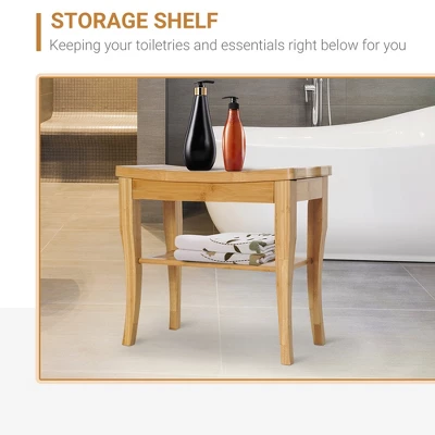 HOMCOM Long Bamboo Shower Bench Seat, 20" Wooden Spa Shower Stool With Underneath Storage Shelf Shoe Organizer 4 HOMCOM Long Bamboo Shower Bench Seat, 20" Wooden Spa Shower Stool With Underneath Storage Shelf Shoe Organizer - Image 4