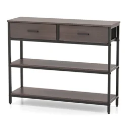 Costway Console Entryway Table Sofa Side Table With Folding Fabric Drawers For Living Room Gray/Rustic Brown -Baxton Studio Sale Shop GUEST e2dc0be2 0afe 41ed 9978 6ad1c1ac6235