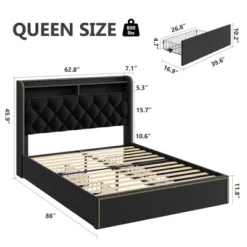 Garvee Upholstered Queen Size Bed Frame With 4 Drawers, Black Velvet Queen Platform With Tufted Headboard And Nailhead Design, No Box Spring Needed