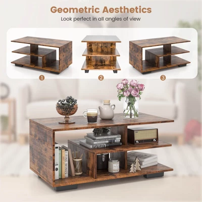 Costway Coffee Table W/ L-shaped Middle Shelf For Living Room Rustic Brown 7 Costway Coffee Table W/ L-shaped Middle Shelf For Living Room Rustic Brown - Image 7