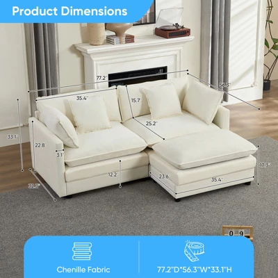 Mjkone 77'' L-Shaped Modular Deep Seat Sofa, Modern Chenille 3-Seat Cloud Sofa With Ottoman And Thickened Cushion 1 Mjkone 77'' L-Shaped Modular Deep Seat Sofa, Modern Chenille 3-Seat Cloud Sofa With Ottoman And Thickened Cushion