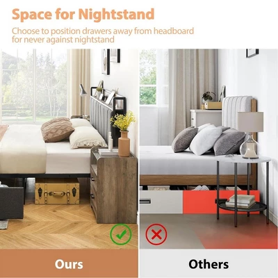 Whizmax Four Size Bed Frame With 2 Storage Drawers And Charging Station, Rustic Linen Upholstered Platform Bed Frame With Storage Headboard, Gray 5 Whizmax Four Size Bed Frame With 2 Storage Drawers And Charging Station, Rustic Linen Upholstered Platform Bed Frame With Storage Headboard, Gray - Image 5