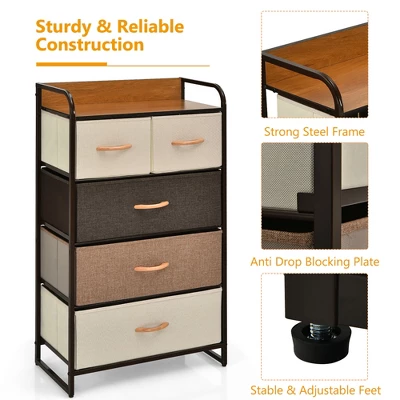 Costway 5-Drawer Dresser Storage 4-Tier Organizer Tower Steel Frame Wooden Top 4 Costway 5-Drawer Dresser Storage 4-Tier Organizer Tower Steel Frame Wooden Top - Image 4