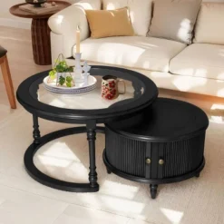 Modern Nesting Coffee Table Set With Tempered Glass Top & Storage,31.5'' & 22.4'' Round Living Room Tables-Baofuwish