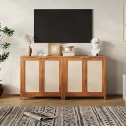 Farmhouse Kitchen Sideboard Buffet Storage Cabinet With Rattan Decorated Doors, Cupboard Console Table Wood Buffet Cabinet With Adjustable Shelves -Baxton Studio Sale Shop GUEST e6017c5c 0741 4702 930e 700f374db9f0