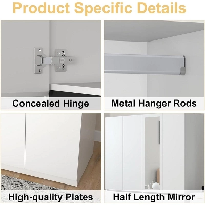 TIRAMISUBEST White 4-Door Wardrobe With Mirror - Freestanding Armoire Closet With 2 Hanging Rods For Bedroom Storage (74"H) 5 TIRAMISUBEST White 4-Door Wardrobe With Mirror - Freestanding Armoire Closet With 2 Hanging Rods For Bedroom Storage (74"H) - Image 5