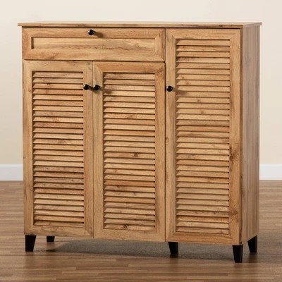 Coolidge Wood 3 Door Storage Cabinet With Drawer Oak Brown - Baxton Studio 9 Coolidge Wood 3 Door Storage Cabinet With Drawer Oak Brown - Baxton Studio - Image 9