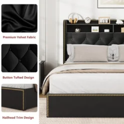 Garvee Upholstered Queen Size Bed Frame With 4 Drawers, Black Velvet Queen Platform With Tufted Headboard And Nailhead Design, No Box Spring Needed -Baxton Studio Sale Shop GUEST e7a88127 16ae 4402 814e 6e8a2fa51068