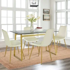 Mona+Bingo 5 Piece Gold Rectangular Clear Tempered Transparent Glass Table With 4 Upholstered Side Chairs-Maison Boucle -Baxton Studio Sale Shop GUEST e8758cf8 d82a 44b0 99b1 8657de89516d