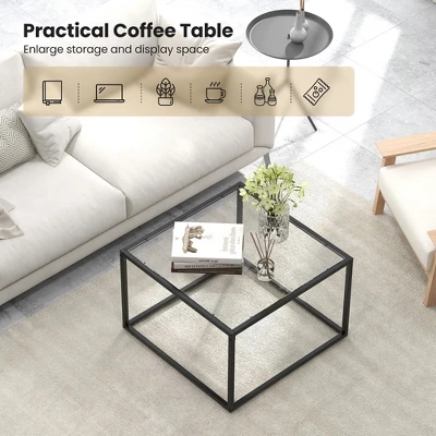 Tangkula Glass Coffee Table 27.5 Inch Modern Square Metal Frame Living Room Transparent 4 Tangkula Glass Coffee Table 27.5 Inch Modern Square Metal Frame Living Room Transparent - Image 4