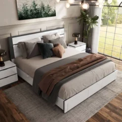 California King Pape Platform Bed With 2 Foot Drawers White/Metallic Gray - MiBasics: Contemporary Storage, No Box Spring Needed -Baxton Studio Sale Shop GUEST e91e5f89 a093 45c6 81f5 abe23d4d7206