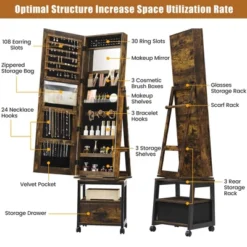 360° Swivel Jewelry Armoire, Floor Standing Full Length Mirror With Rear Storage Shelves, Lockable Jewelry Cabinet With Bottom Drawer And Wheels -Baxton Studio Sale Shop GUEST ea1e59da 43c3 460b 9e61 2ac6f3105146