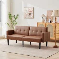 Futon Sofa Bed, Compact Loveseat, Modern Mid-Century Sleeper Sofa, Convertible Couch, Living Room Couches
