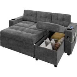 L-Shaped Sleeper Sofa Bed With Pull-Out Mattress, Storage Armrests, Cup Holders & USB, Space Saving Sectional Couch -Baxton Studio Sale Shop GUEST ec1b597f 9241 41e8 bd5e 3e3a366ff4b3
