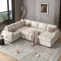108" Pull-Out Sleeper Sofa Couches, Upholstered Modular Sectional Sofa With USB And Type-C Interfaces-ModernLuxe