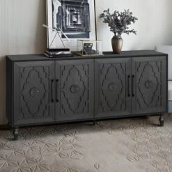 Sideboard Buffet, Wood Floor Cabinet With Carved Flower Door, Metal Handle, Freestanding Sideboard