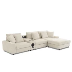 114''W Corduroy L-Shaped Sectional Sofa With Bluetooth Speakers, USB Charger, Cup Holders And Ottoman - ModernLuxe -Baxton Studio Sale Shop GUEST ef29e94a e0b5 4928 ba89 7c00e3ac0af6