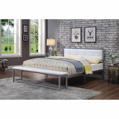 Queen Prunda Padded Headboard Platform Bed With Bench White/Silver - MiBasics 1 Queen Prunda Padded Headboard Platform Bed With Bench White/Silver - MiBasics