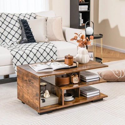 Costway Coffee Table W/ L-shaped Middle Shelf For Living Room Rustic Brown 1 Costway Coffee Table W/ L-shaped Middle Shelf For Living Room Rustic Brown