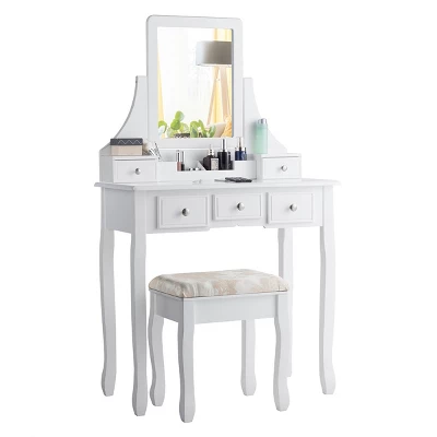 Tangkula Rotatable Mirror Vanity Set Makeup Dressing Table And Stool W/ 5 Drawers 1 Tangkula Rotatable Mirror Vanity Set Makeup Dressing Table And Stool W/ 5 Drawers