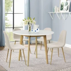 Norman9075+Spoon 4 -Piece Round-Shaped With 4 Upholstered Chairs Dining Set -The Pop Maison -Baxton Studio Sale Shop GUEST f0fe581e 444b 43be be07 6b05e9bf6a1d