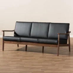 Venza Mid-Modern Walnut Wood Faux Leather 3 Seater Sofa Black - Baxton Studio -Baxton Studio Sale Shop GUEST f16218f9 5a18 4a1a a1dd 412e20eb8d76