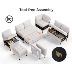 Vipbear 7 Seat L Shaped Modular Sectional Sleeper Sofa Bed With Pull Out Bed/Reclining Backrest/USB Ports/Table/LED Light/Storage Seat, Chenille