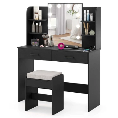 Costway Makeup Vanity Desk With Lighted Mirror Charging Station 3-Color Dimmable LED Lights White/Black 1 Costway Makeup Vanity Desk With Lighted Mirror Charging Station 3-Color Dimmable LED Lights White/Black