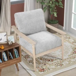 Oris 24.8" Wide Linen Upholstered Thick Seat Cushion Solid Wood Legs With Arm Chair With Vertical Slatted Back Accent Chair-The Pop Maison -Baxton Studio Sale Shop GUEST f6cf2ee7 3211 47ed a459 bb391336879a