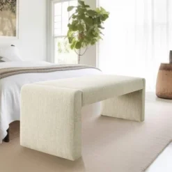 Kaia 47" Contemporary Farmhouse Linen Fabric Waterfall Upholstered Bench-The Pop Maison -Baxton Studio Sale Shop GUEST f6cf74bf b141 48cf bc01 846765dd9dfd