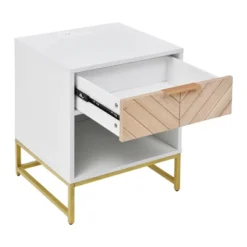 Nightstand With USB Charging Ports, End Table With 1 Drawer And Metal Legs, White+Natural Finish-ModernLuxe 12 Nightstand With USB Charging Ports, End Table With 1 Drawer And Metal Legs, White+Natural Finish-ModernLuxe -Baxton Studio Sale Shop GUEST f74963f0 8a47 4f3d a41b 1c557a5ac56c