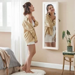 Costway Mirror Jewelry Cabinet With Full Length Clear Mirror & Internal LED Lights Hooks