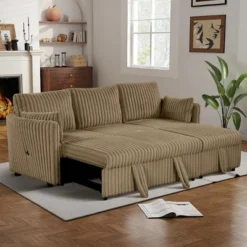 CLIHOME 58" Chenille Plush Sleeper Sofa Bed For 3-seat Sofa Pullout Sleeper Sofa Couches With 2 Pillows For Living Room, Corduroy