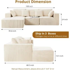 Sectional Couch Sofa, 108" Cloud Modular Modern L-Shaped Sofa With Chaise Lounge, Plush Corduroy Fabric, Sleeper Sofa, No Assembly Required