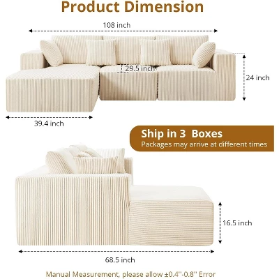 Sectional Couch Sofa, 108" Cloud Modular Modern L-Shaped Sofa With Chaise Lounge, Plush Corduroy Fabric, Sleeper Sofa, No Assembly Required 1 Sectional Couch Sofa, 108" Cloud Modular Modern L-Shaped Sofa With Chaise Lounge, Plush Corduroy Fabric, Sleeper Sofa, No Assembly Required