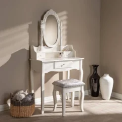 2pc Veronique White Finished Wood Vanity Table With Mirror And Ottoman White - Baxton Studio -Baxton Studio Sale Shop GUEST f863a476 0be8 4088 944d 7ddd20db8cfa