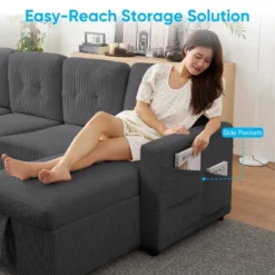 103"W Corduroy 4-Seater Modular Sleeper Sofa Bed With Storage Chaise,U-shaped Sofa With Pull-out Bed，Dark Grey -Baxton Studio Sale Shop GUEST f8bcfa1d 072f 426c ad7f 2b839b456688