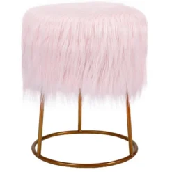 BirdRock Home Round Pink Faux Fur Foot Stool Storage Ottoman With Pale Gold Legs