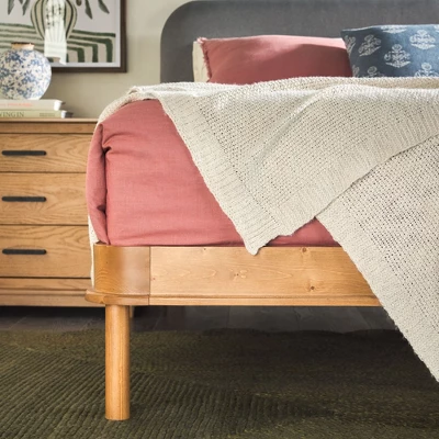 Walker Edison Saracina Home Contemporary Solid Wood And Curved Fabric Headboard Bed English Oak/Gray 2 Walker Edison Saracina Home Contemporary Solid Wood And Curved Fabric Headboard Bed English Oak/Gray - Image 2