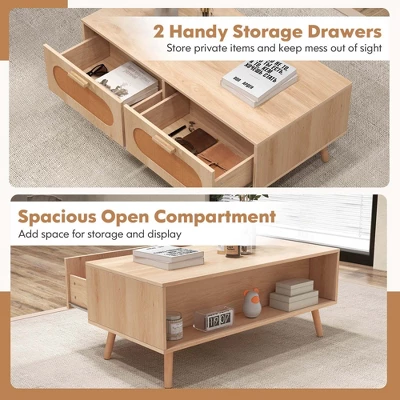 Costway Rattan Coffee Table Mid Century Modern Center Table With 2 Storage Drawers 7 Costway Rattan Coffee Table Mid Century Modern Center Table With 2 Storage Drawers - Image 7