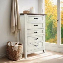 Garvee 5 Drawer Dresser, Farmhouse Tall Dresser For Closet, Rustic Chest Of Drawer With Wide Metal Handles, Wood Dressers Organizer For Bedroom -Baxton Studio Sale Shop GUEST fc76bf26 afb9 423f 8979 996ce25fe70e