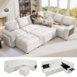 Vipbear 7 Seat L Shaped Modular Sectional Sleeper Sofa Bed With Pull Out Bed/Reclining Backrest/USB Ports/Table/LED Light/Storage Seat, Chenille -Baxton Studio Sale Shop GUEST fd724413 ea20 4111 b4b6 2abe9a3bfe02