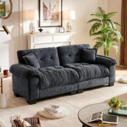 91.5"Chenille Deep Seat Sofa Couch With 2 Throw Pillows-Morden Fort
