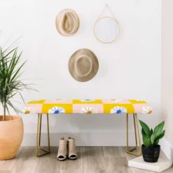 Maritza Lisa White Checkered Flowers Bench Yellow - Deny Designs -Baxton Studio Sale Shop GUEST fdb38fb1 96c9 4b16 aaa3 cc5acd382e81