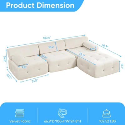 Mjkone L-Shaped Velvet 3-Seater Modular Sectional Sofa With Ottoman, Convertible Sofa Couches With Rivet Trim 7 Mjkone L-Shaped Velvet 3-Seater Modular Sectional Sofa With Ottoman, Convertible Sofa Couches With Rivet Trim - Image 7