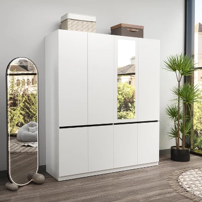 TIRAMISUBEST White 4-Door Wardrobe With Mirror - Freestanding Armoire Closet With 2 Hanging Rods For Bedroom Storage (74"H) 1 TIRAMISUBEST White 4-Door Wardrobe With Mirror - Freestanding Armoire Closet With 2 Hanging Rods For Bedroom Storage (74"H)