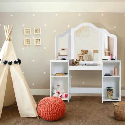 Costway Vanity Table Set Makeup Dressing Kids Girls Study Table Tri Folding Mirror 1 Costway Vanity Table Set Makeup Dressing Kids Girls Study Table Tri Folding Mirror